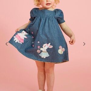 Monsoon Baby Blue Gold Foil Spot Character Chambray Dress Size 12-18 Months